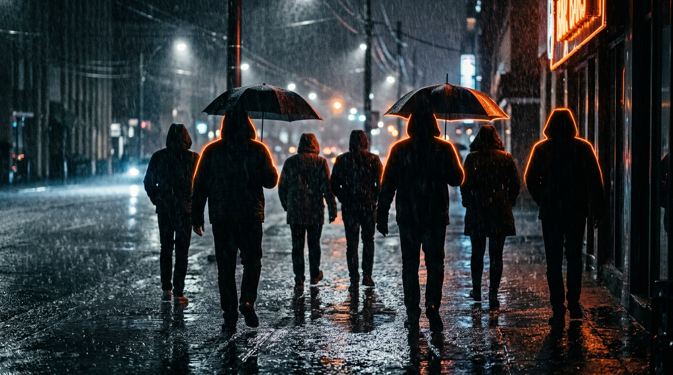 Silhouetted ensemble cast standing in the rain with orange rim lighting
