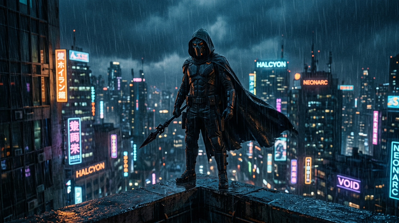 The Villain standing on rainy skyscraper ledge